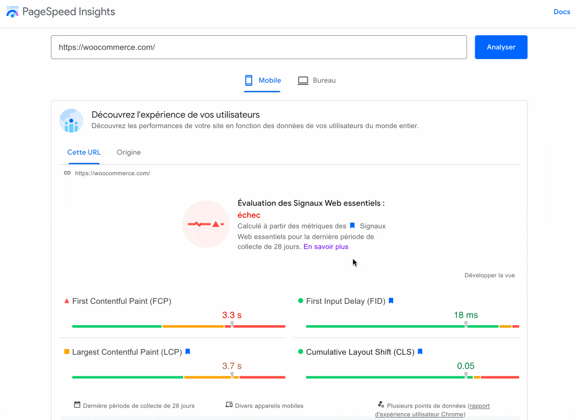 Analyzing a page with PageSpeed ​​Insights.