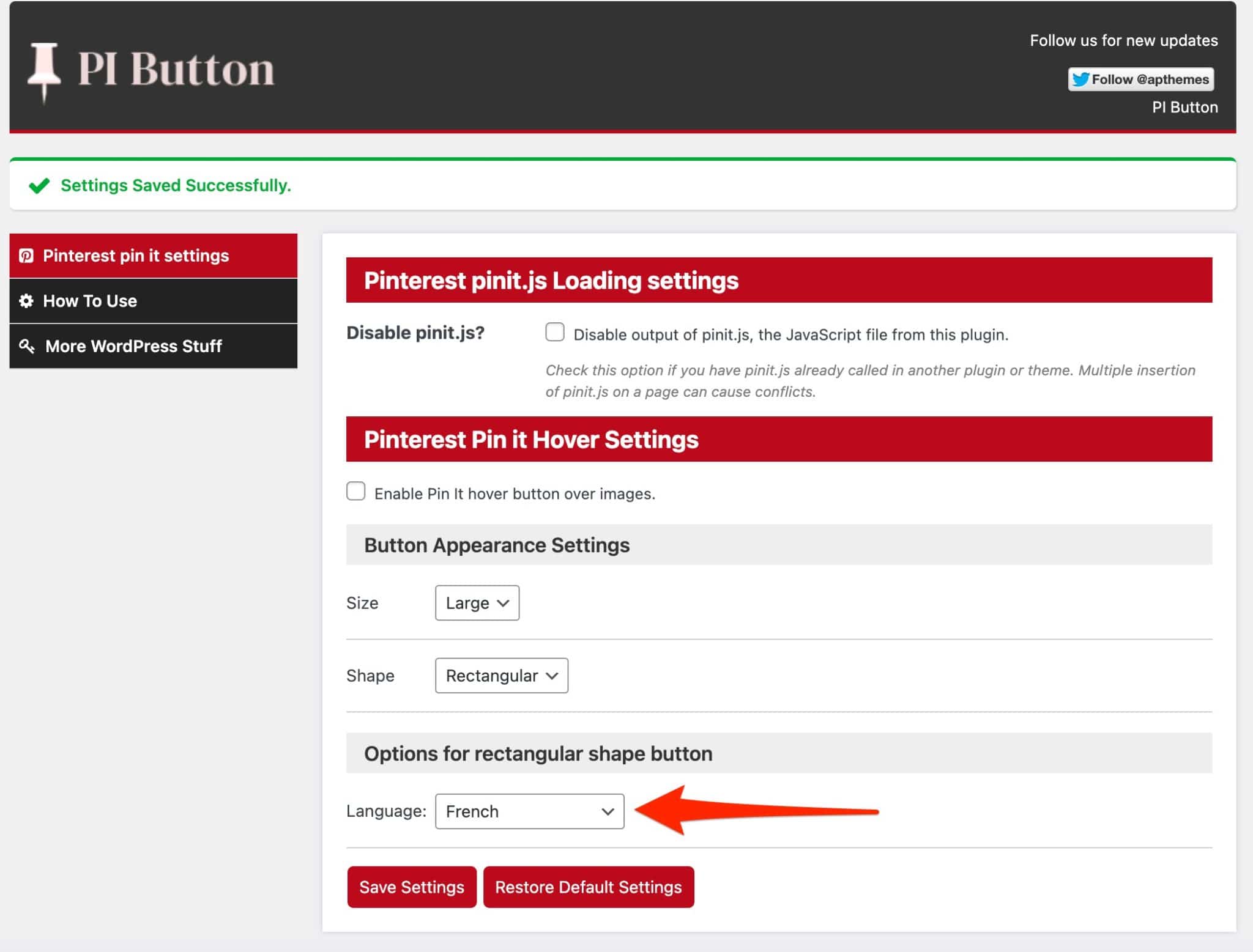 The Pinterest PI Button extension settings.