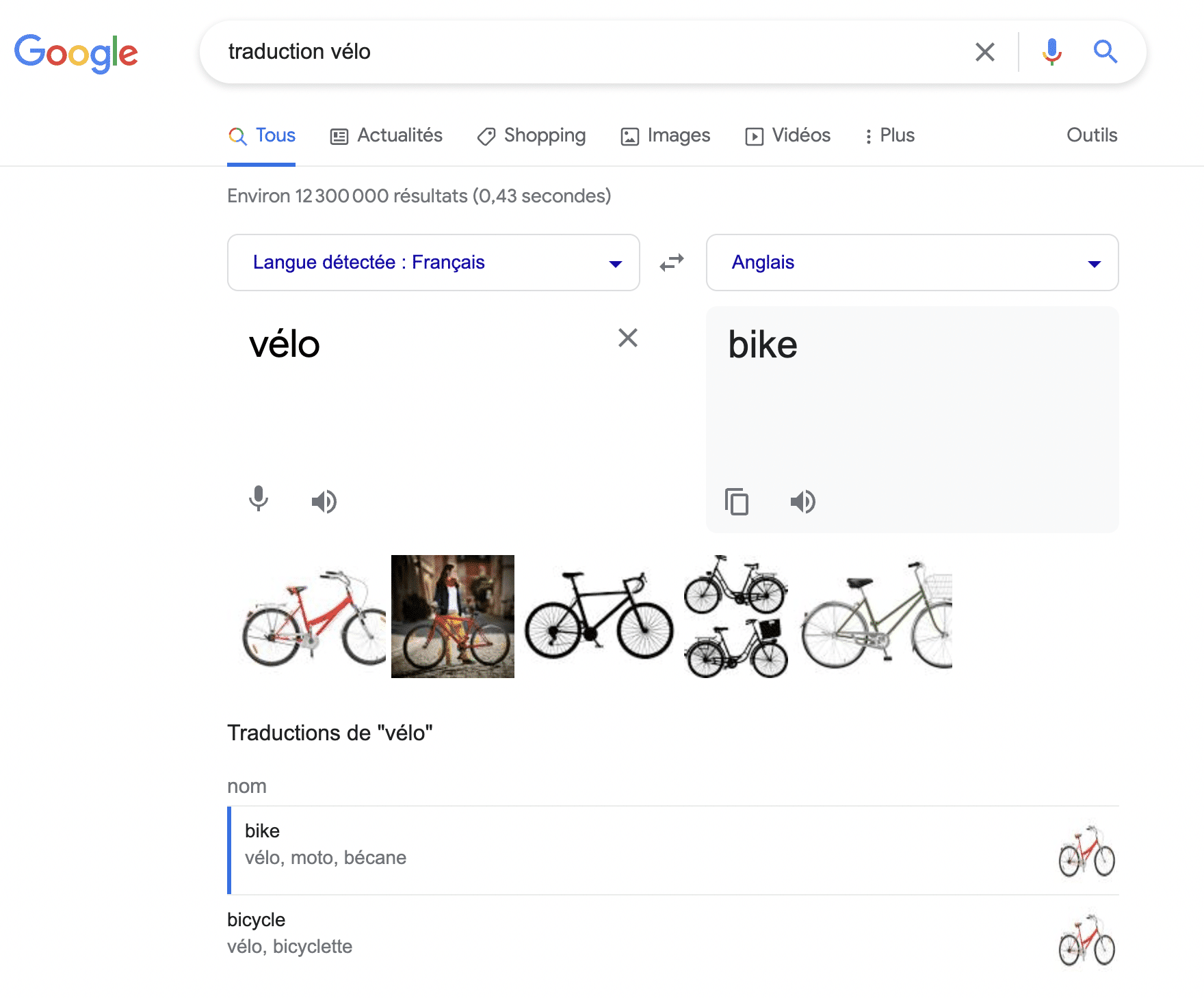 Google affiche un encart Google Traduction pour la requête « traduction vélo ».