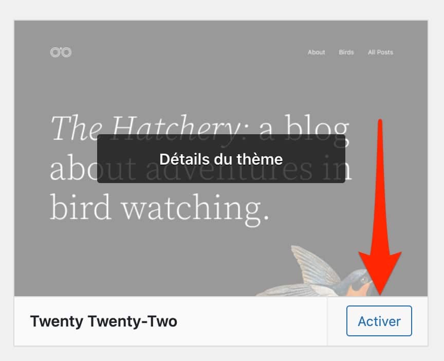 Activation of the Twenty Twenty-Two native WordPress theme.
