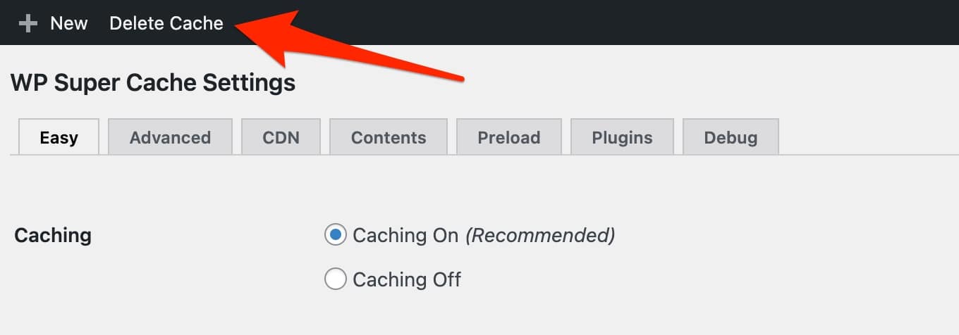 A Purge button allows to clear cache on WordPress. 
