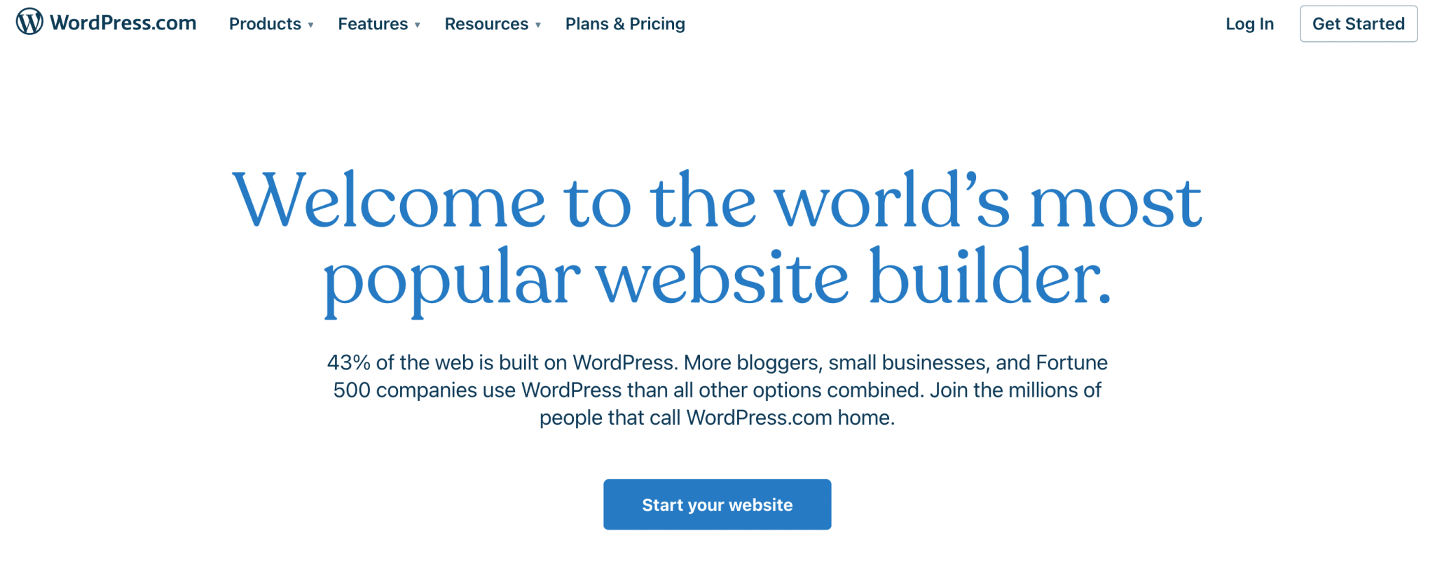 Homepage of the WordPress.com website