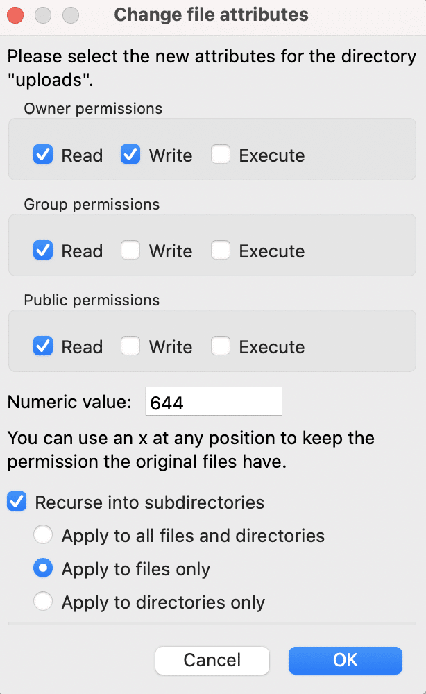644 file attributes applied to your files. 