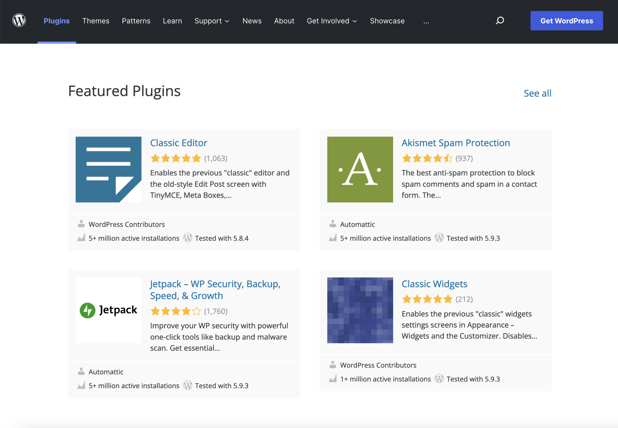 Featured plugins on the official directory in WordPress. 