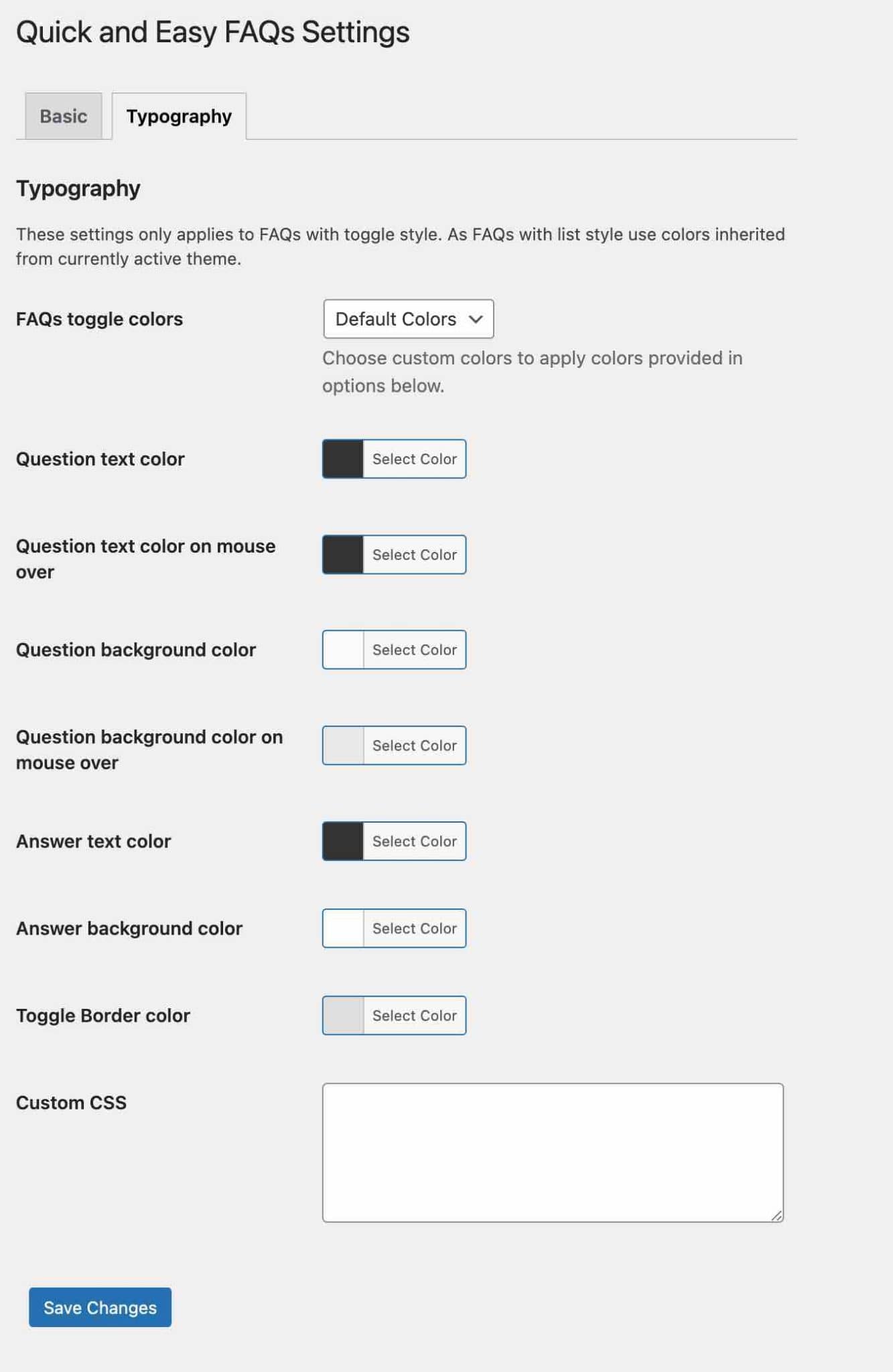 Quick and Easy FAQs plugin settings.