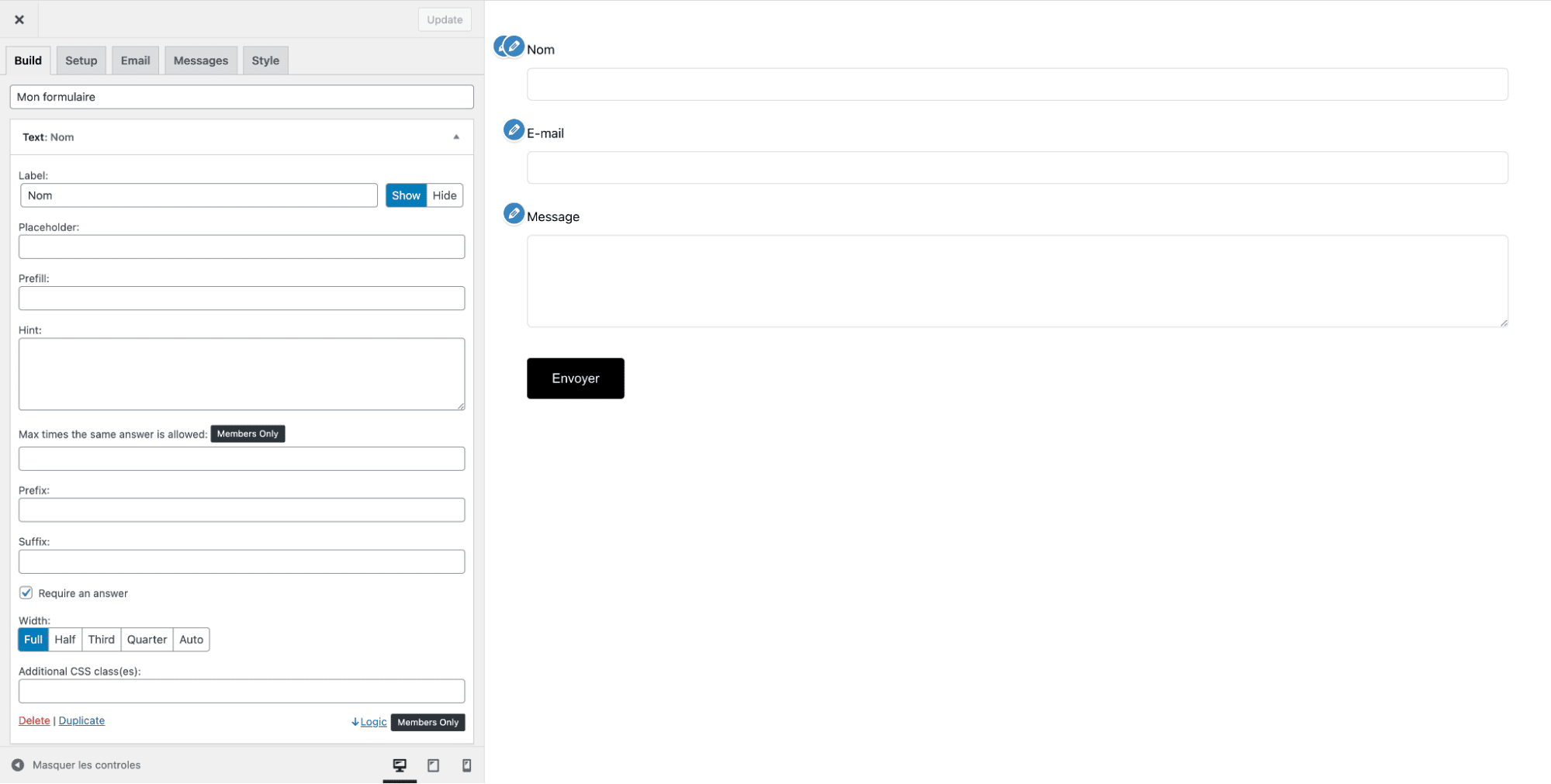 The interface of the Happyforms form plugin on WordPress.