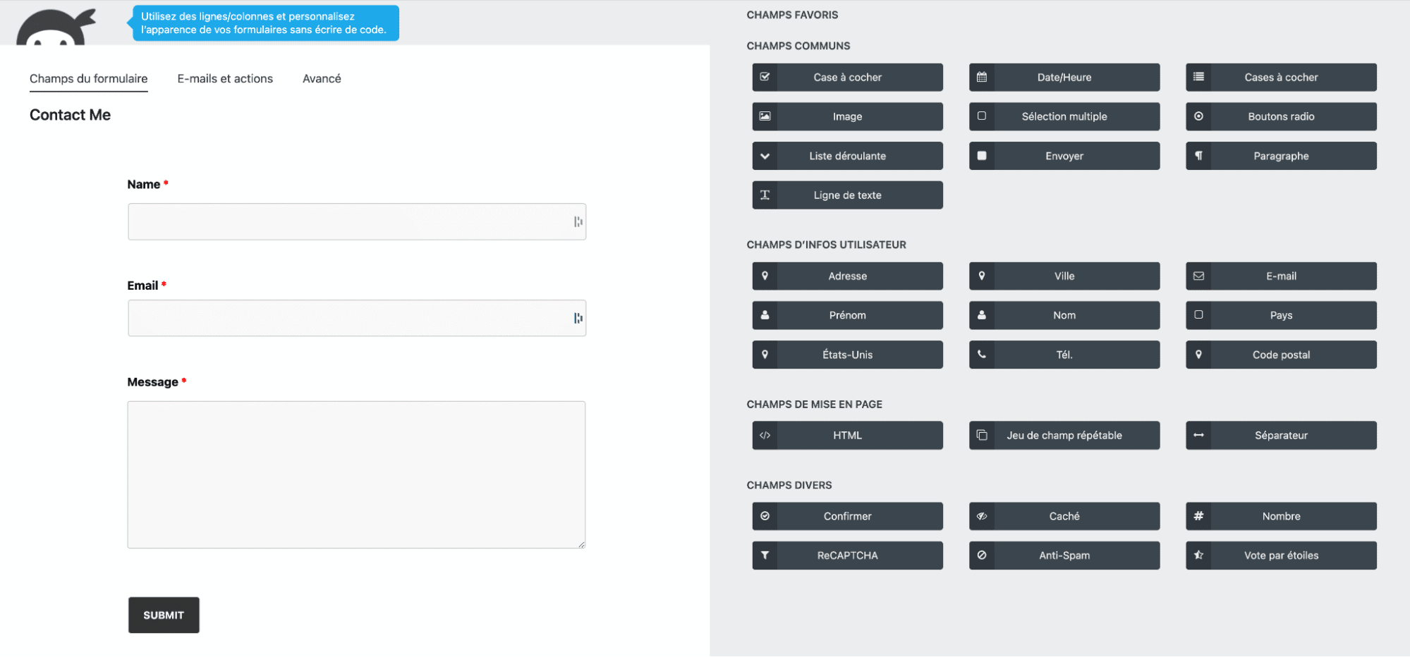 Interface of Ninja Forms, the contact form plugin on WordPress.