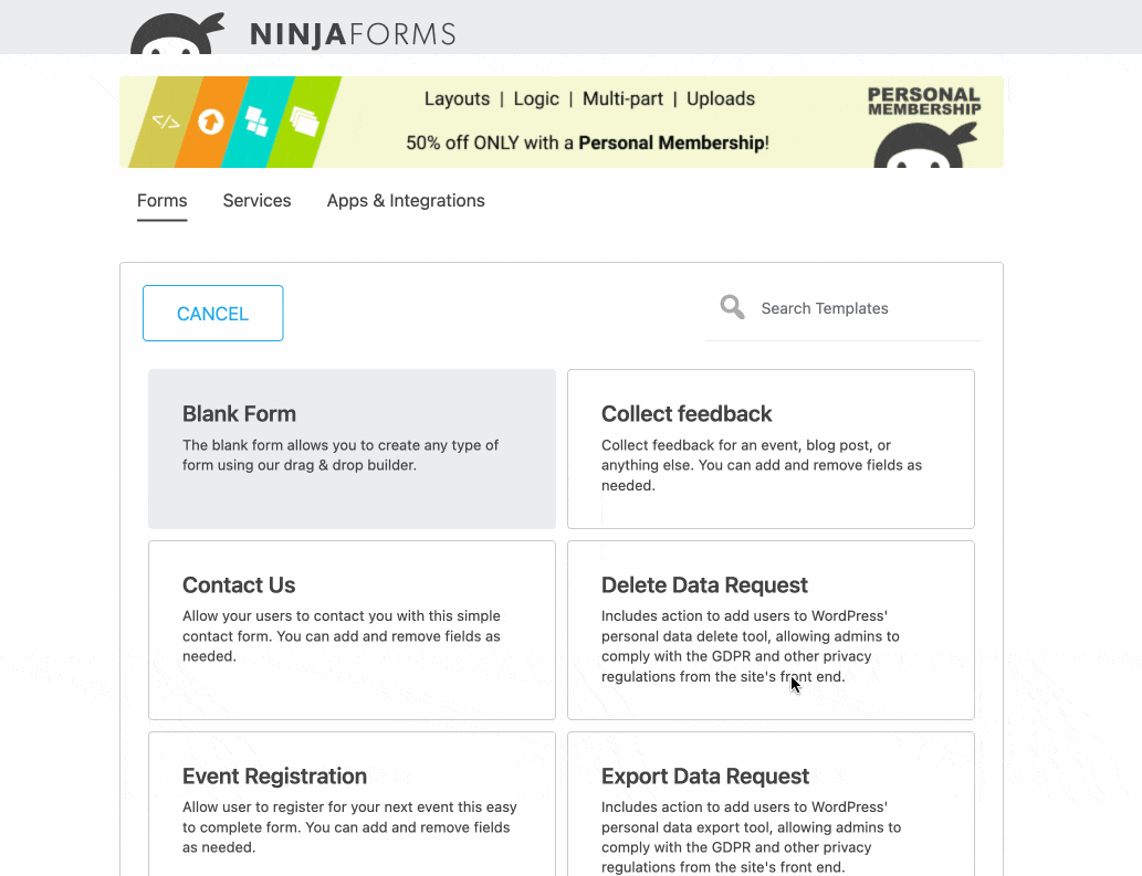 Ninja Forms tabs to access form templates and services.