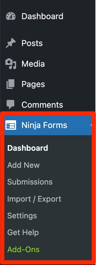 The settings menu of Ninja Forms plugin in your WordPress backoffice.