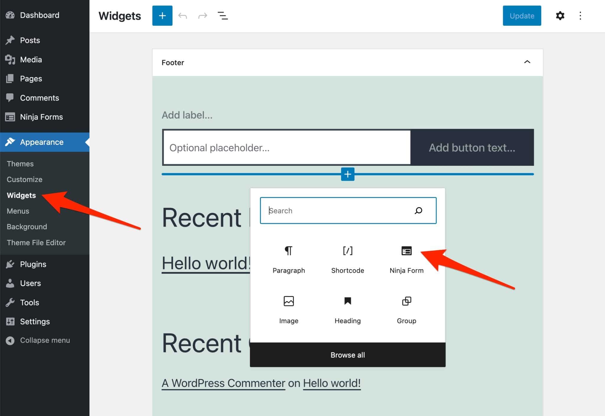 How to add a Ninja Form to a widget area in WordPress.