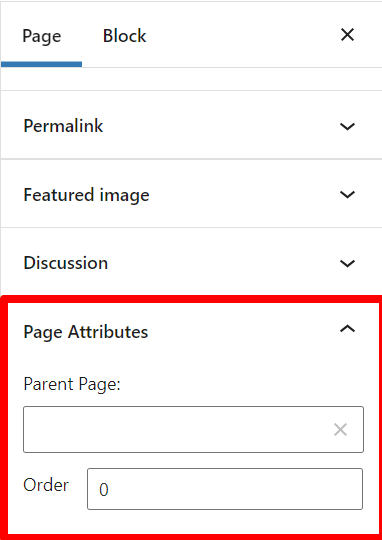 Page attributes settings in WordPress.