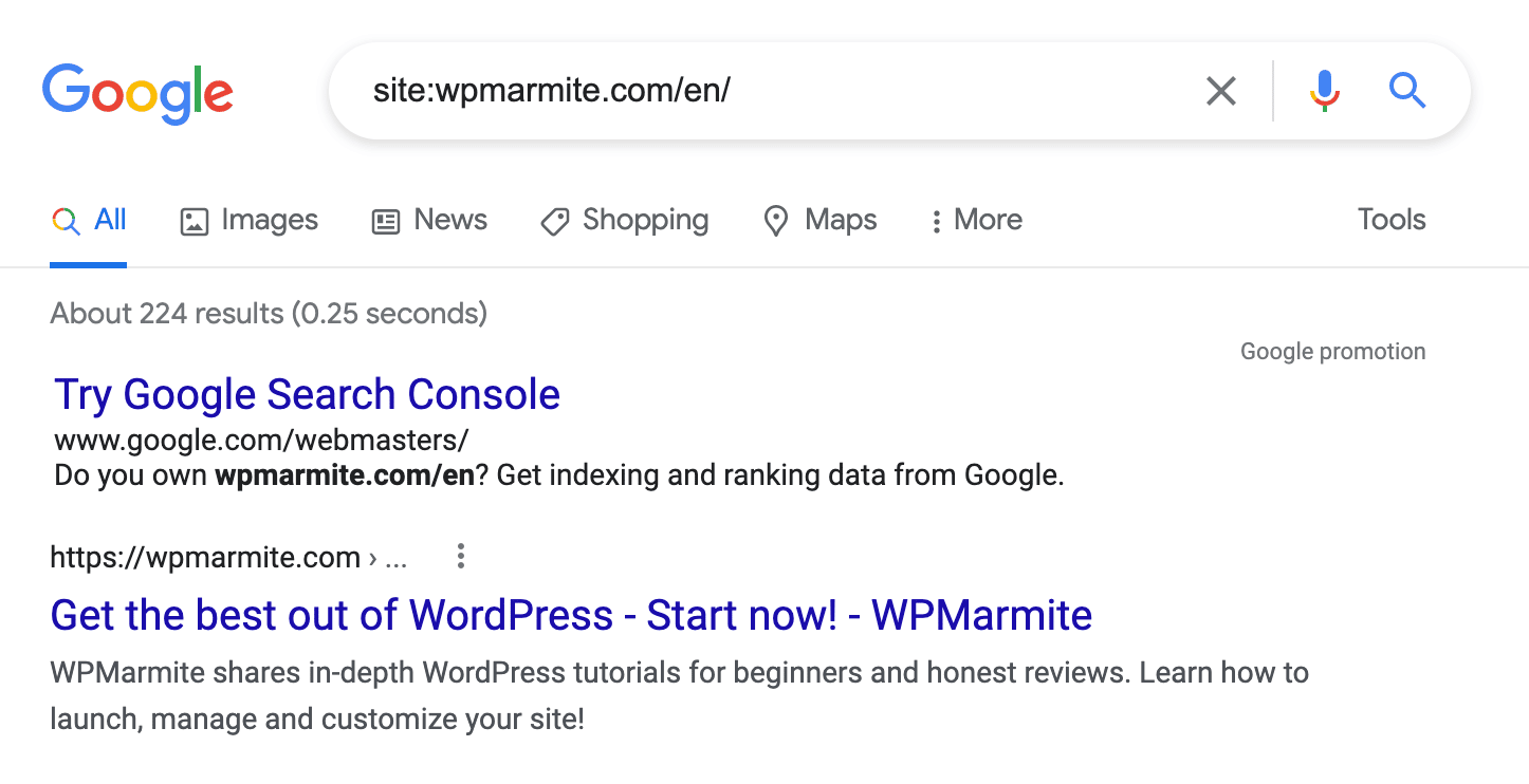 Indexing of the WPMarmite website pages by Google.