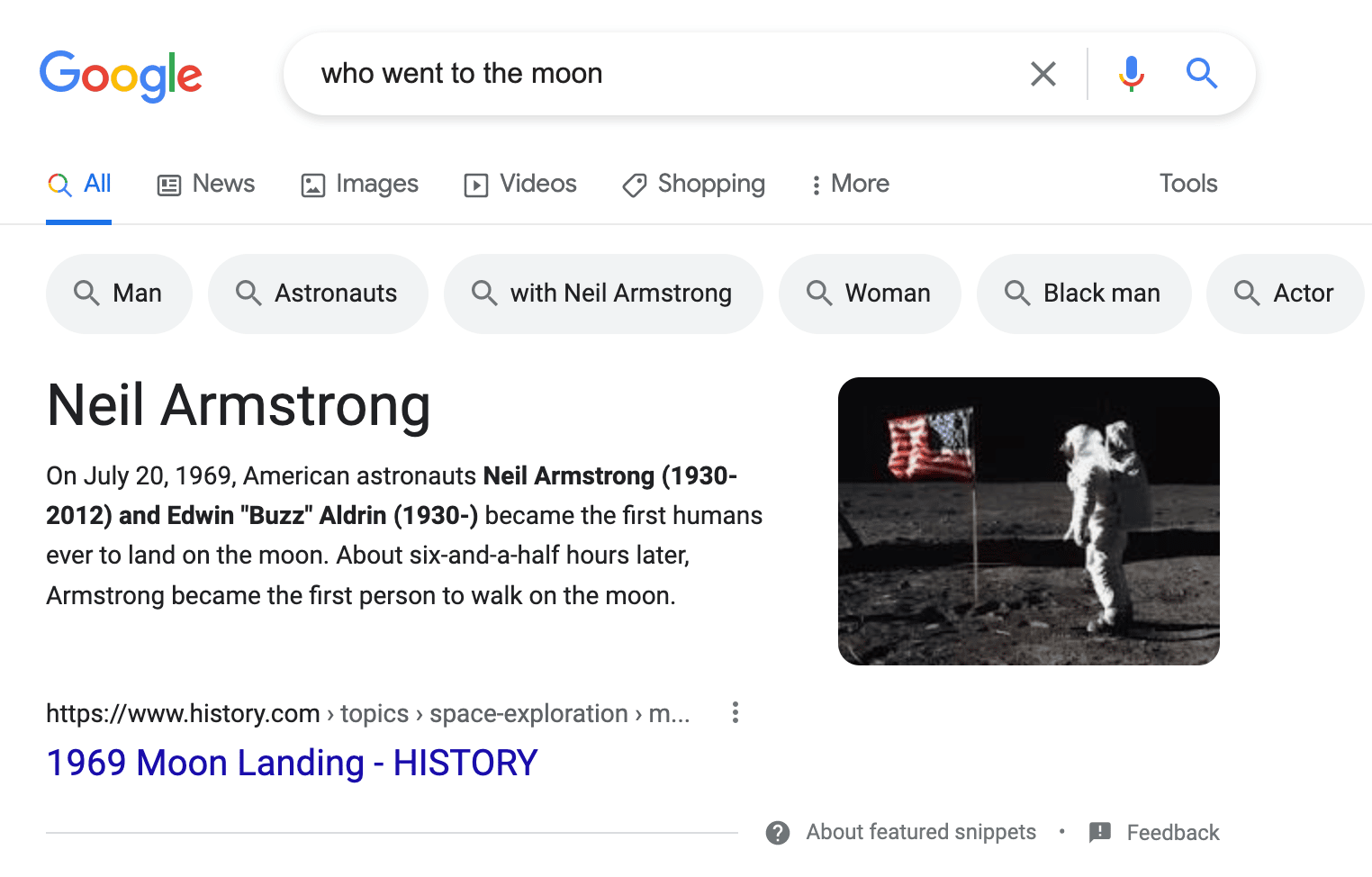 Google displays a featured snippet for the query "Who went to the Moon?".