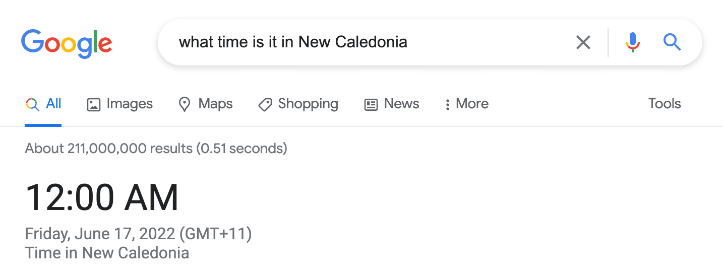 Google search "What time is it in New Caledonia?".