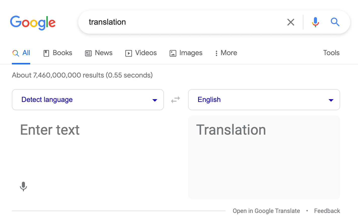 Google displays a Google Translation insert for the query "translation".