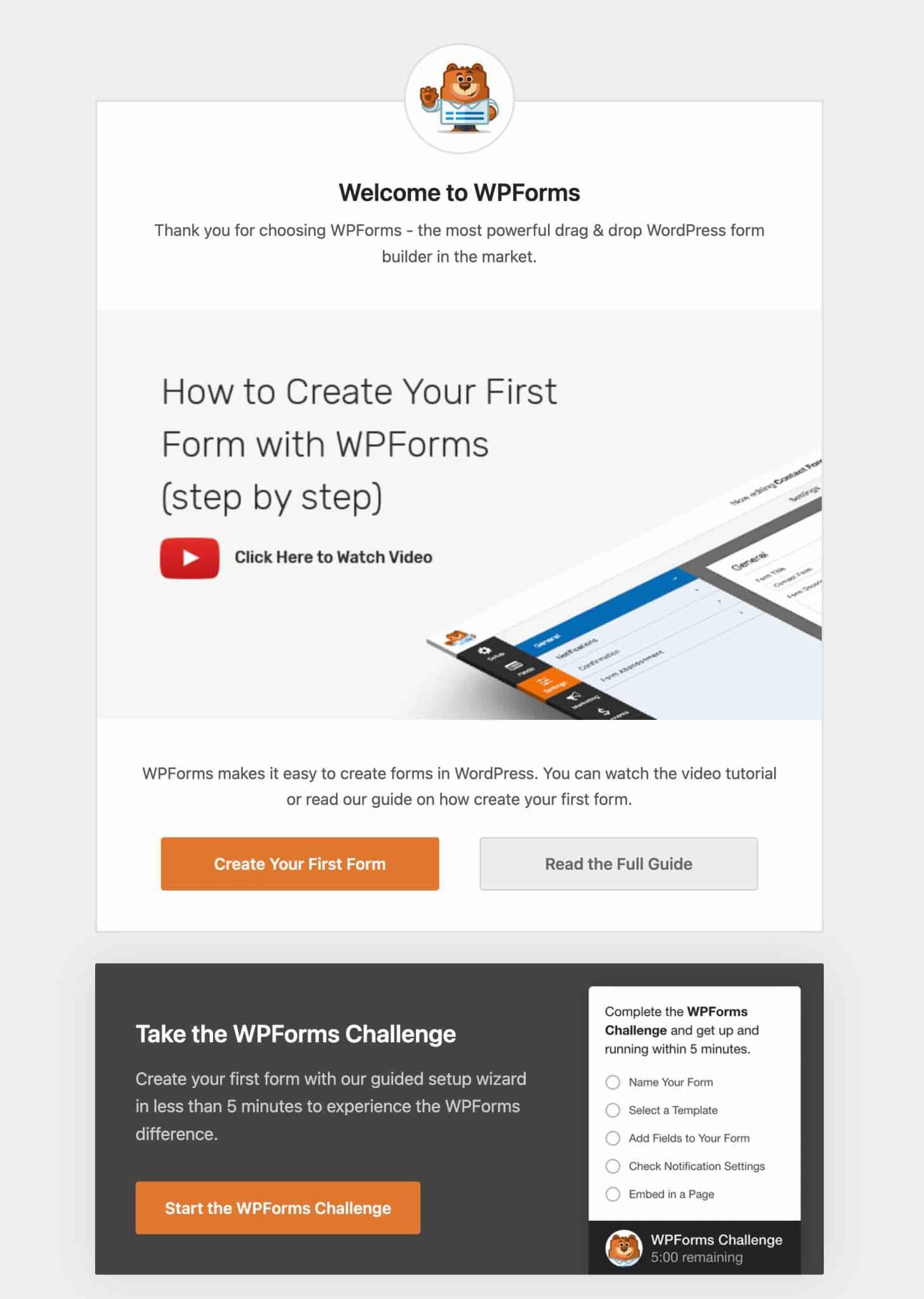 Welcome landing page of WPForms to help you create your first form.