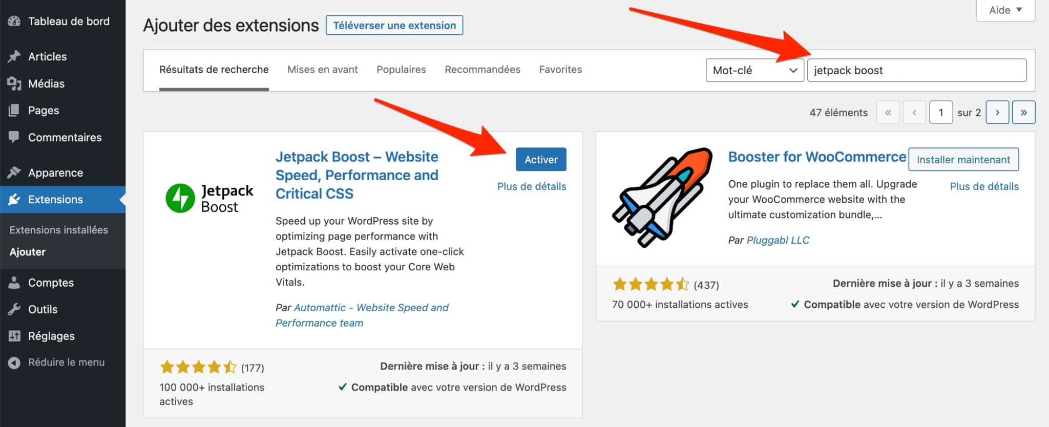 Installation and activation of the Jetpack Boost extension on the WordPress back-office.