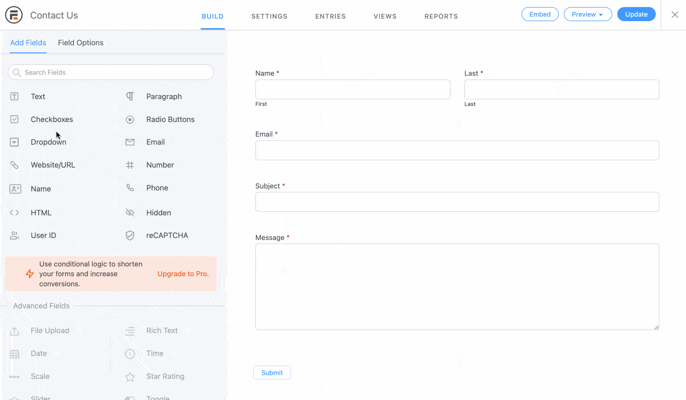 Drag and drop to add a field to your form on Formidable Forms.