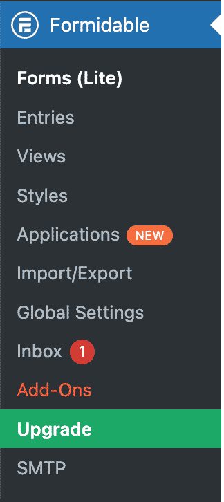 Settings menu for Formidable Forms on the WordPress admin interface.