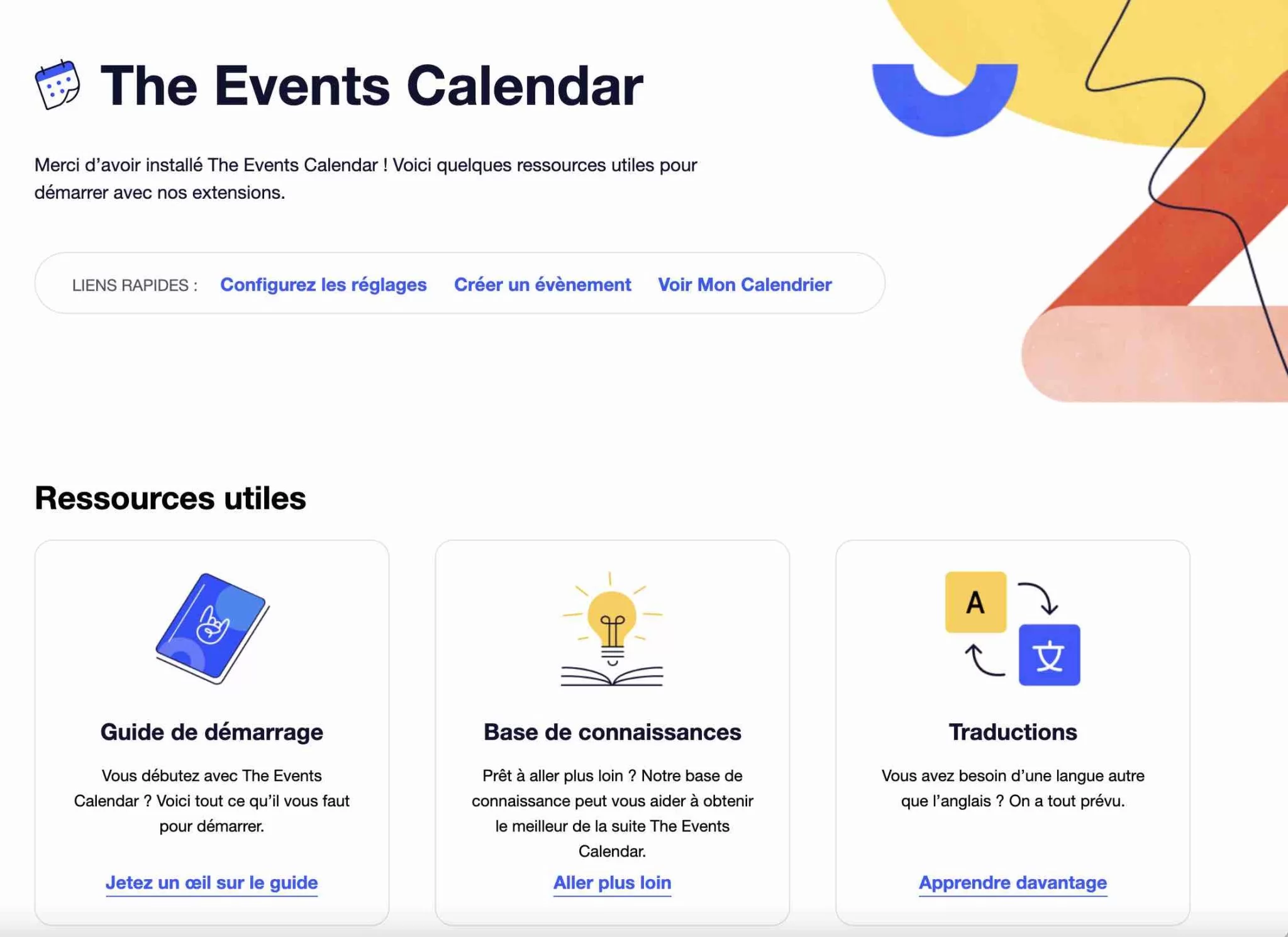 The Events Calendar offers useful resources after activation.