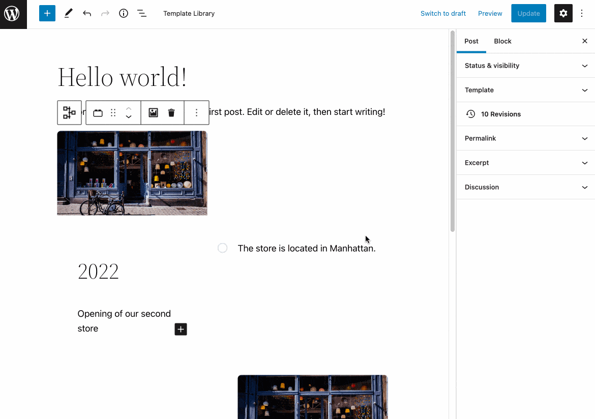 The Gutenberg Content Timeline block on the Getwid plugin.