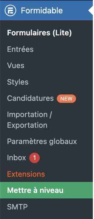 The Formidable Forms settings menu on the WordPress admin interface.