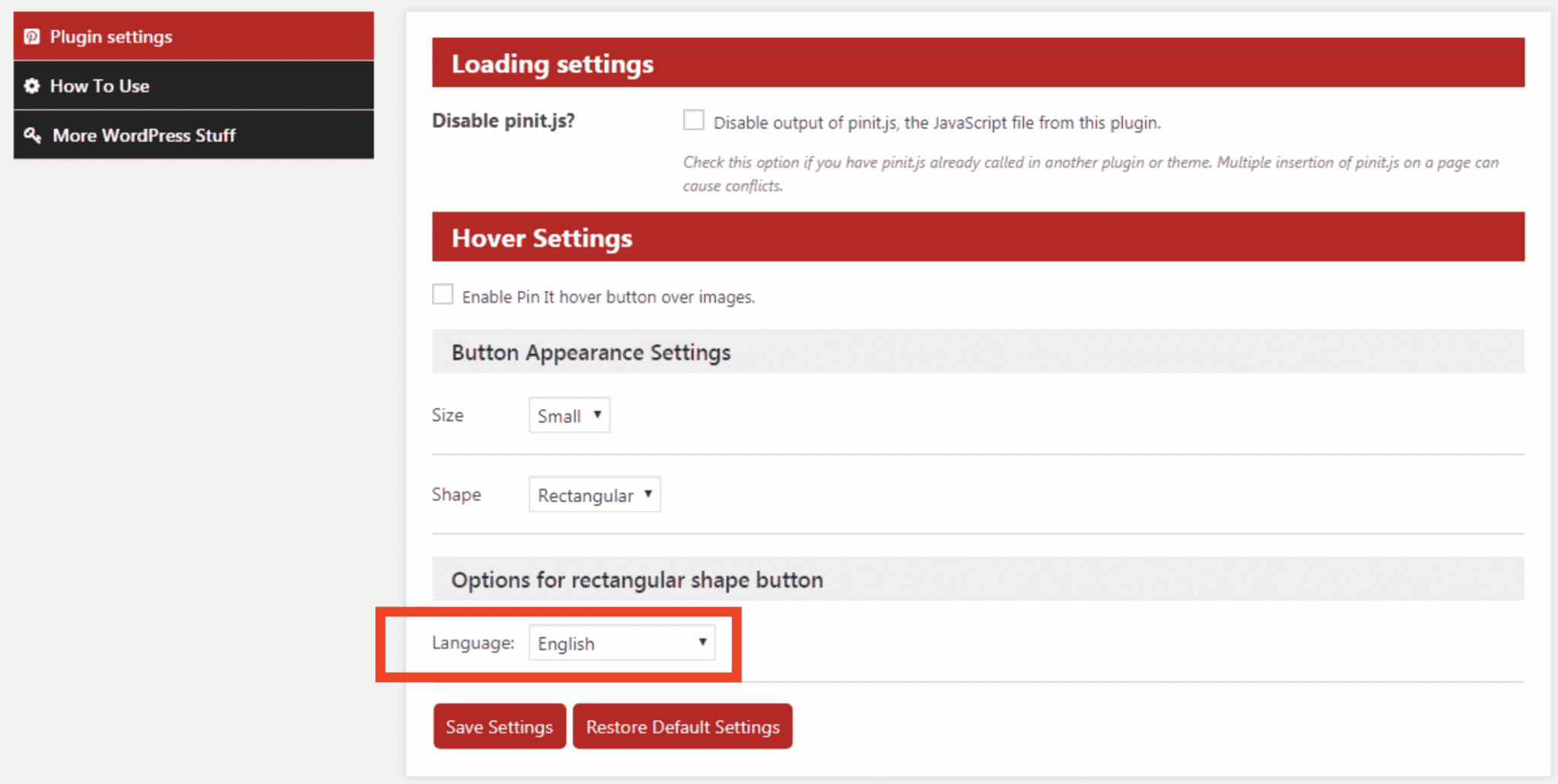 Language settings for the PI Button plugin on WordPress.
