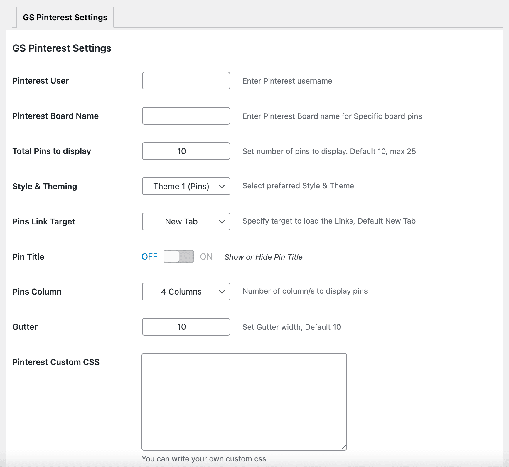 Settings of the GS Pins for Pinterest plugin. 