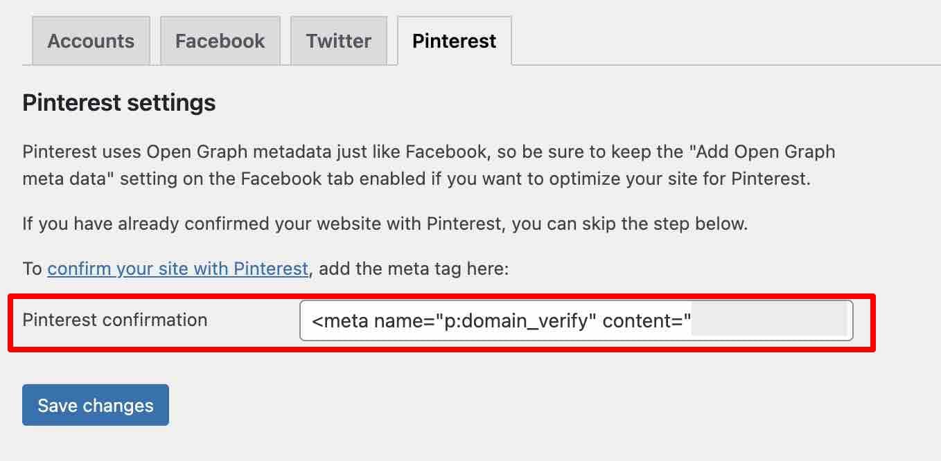 Pinterest confirmation on WordPress with the Yoast SEO plugin.