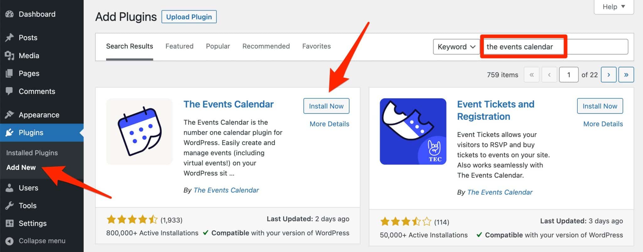 Installation of The Events Calendar plugin on WordPress. 