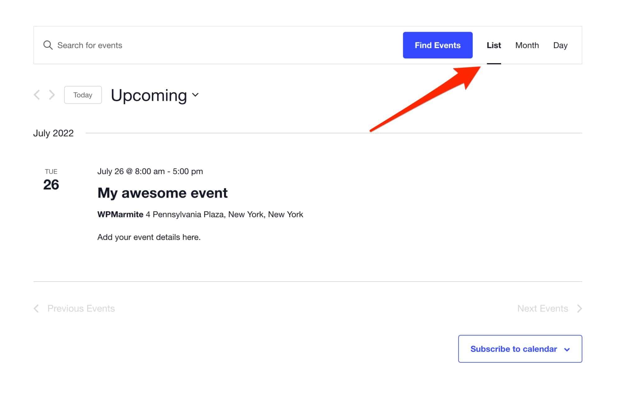 List view of our events on The Events Calendar plugin.