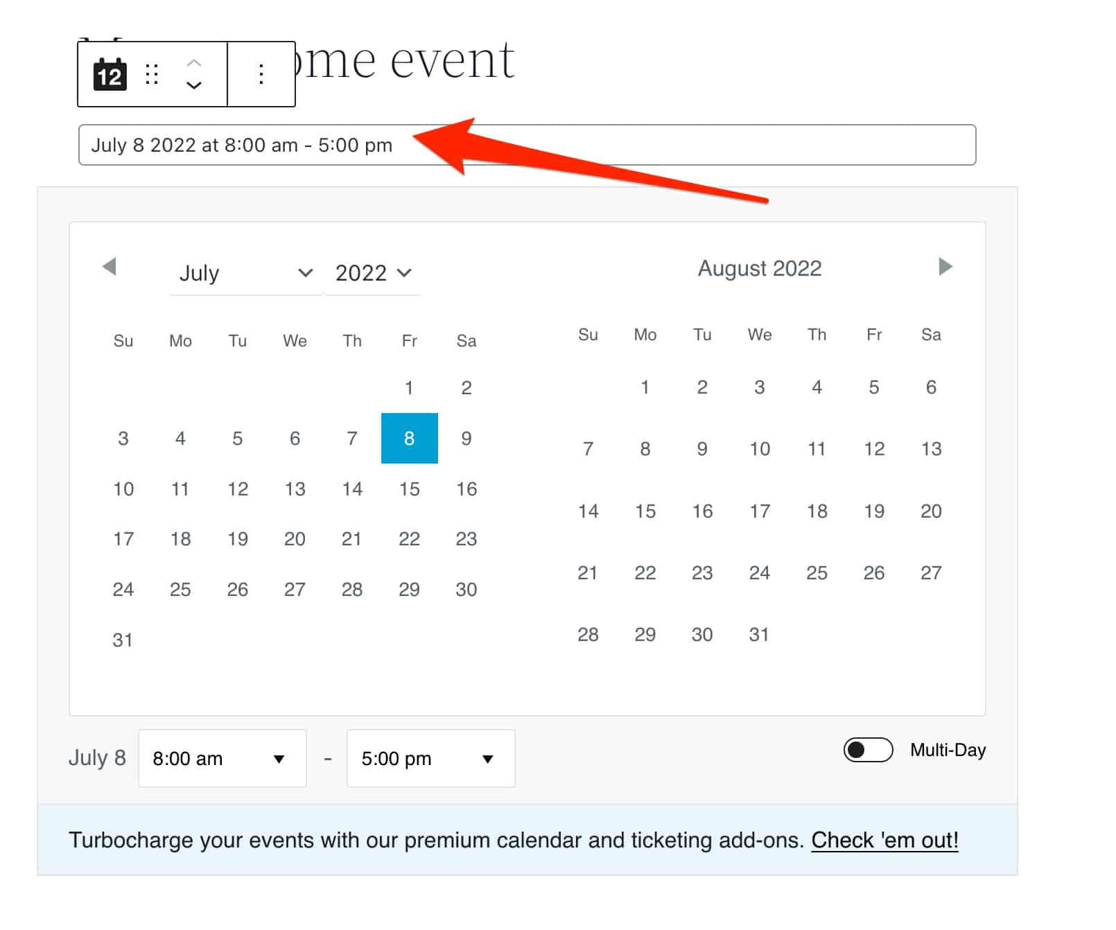 Adding an event date on The Events Calendar on WordPress
