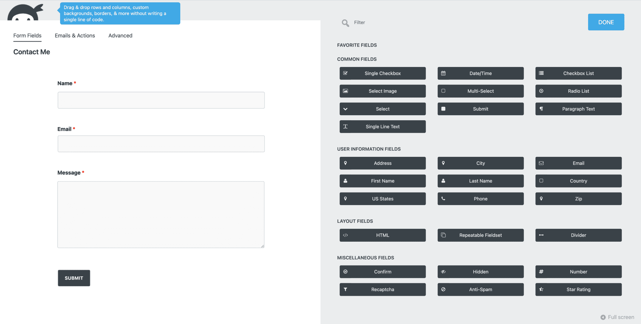 Interface of the Ninja Forms plugin allowing to create contact forms on WordPress.