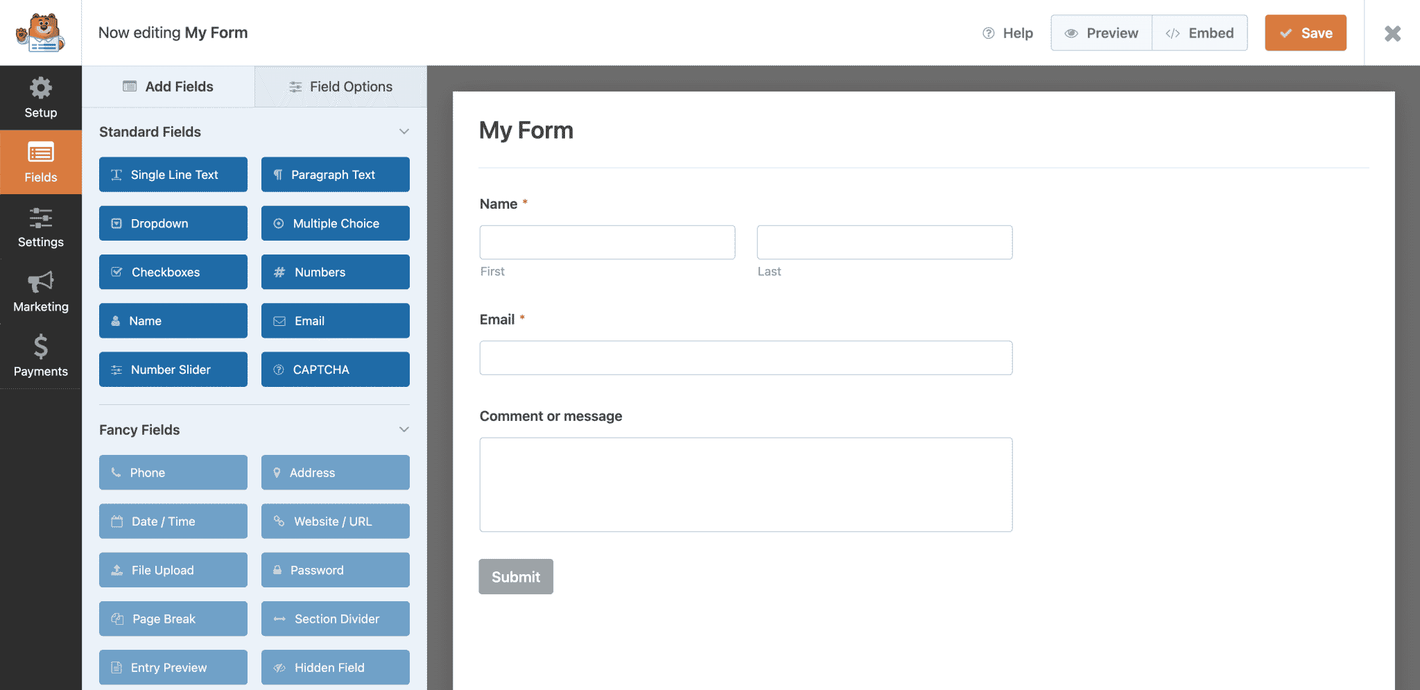 Interface of the WordPress Contact Form plugin by WPForms.