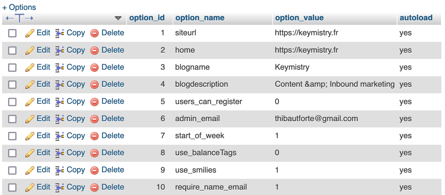 Options table in the WordPress database.
