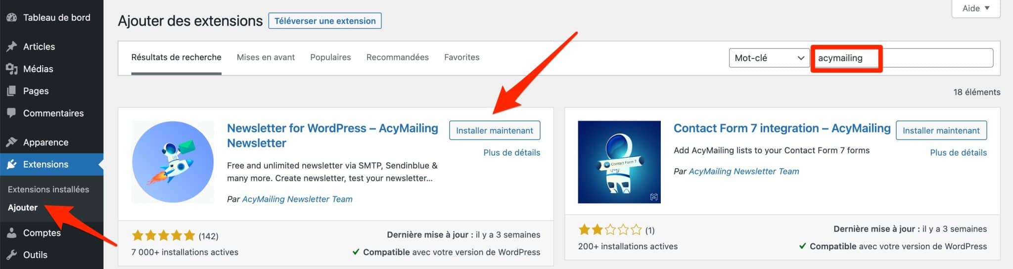Installation of the AcyMailing WordPress extension on the back office.