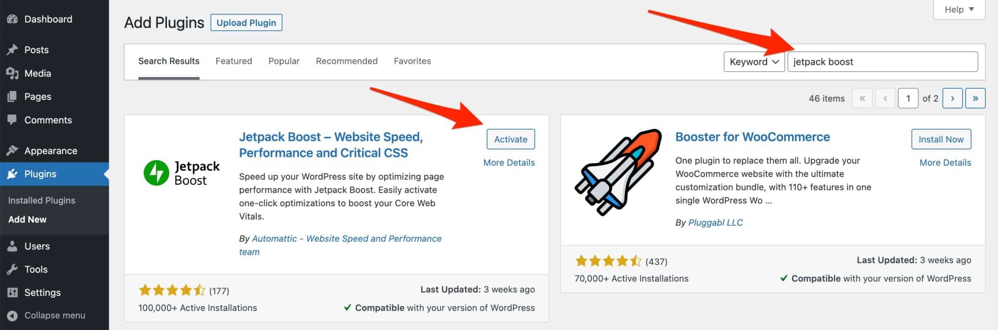 Installation and activation of the Jetpack Boost plugin on WordPress.