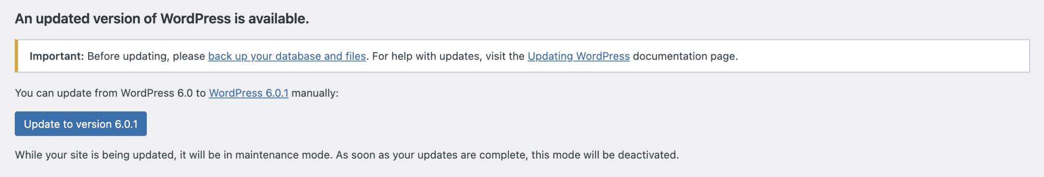 Updates to the WordPress Core available on the dashboard.