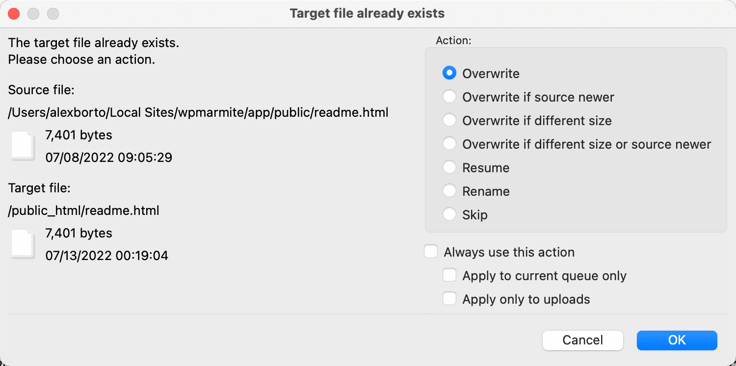 Overwrite option for uploading WordPress files.