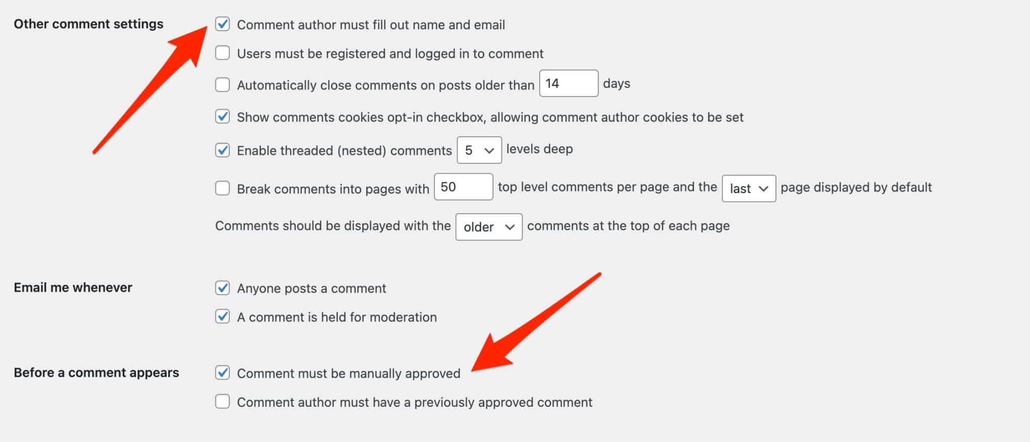 Comments settings in the discussion menu on WordPress.