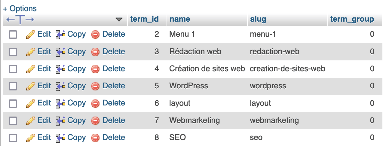 WordPress terms table.