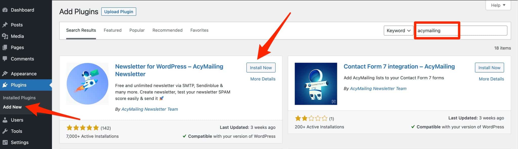 Installation of the WordPress plugin AcyMailing in the back office.