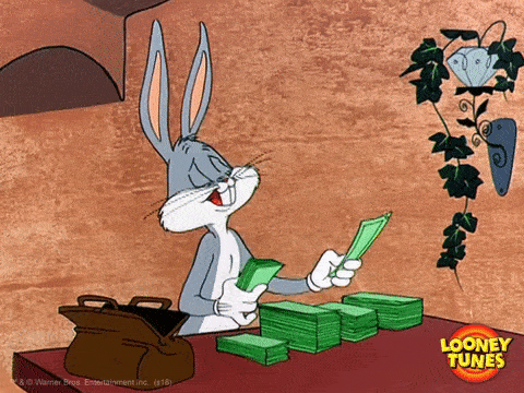Bugs Bunny counts money.