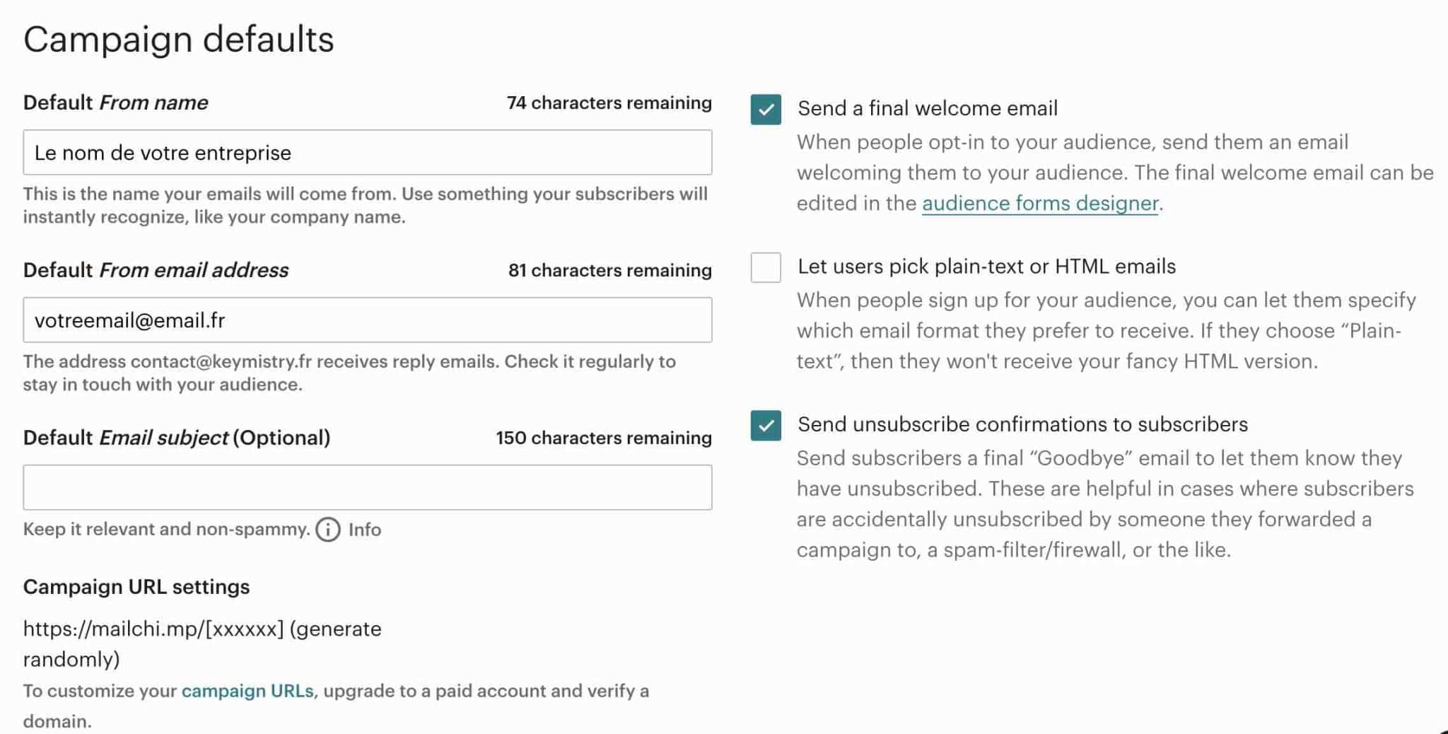 Settings on a Mailchimp campaign.
