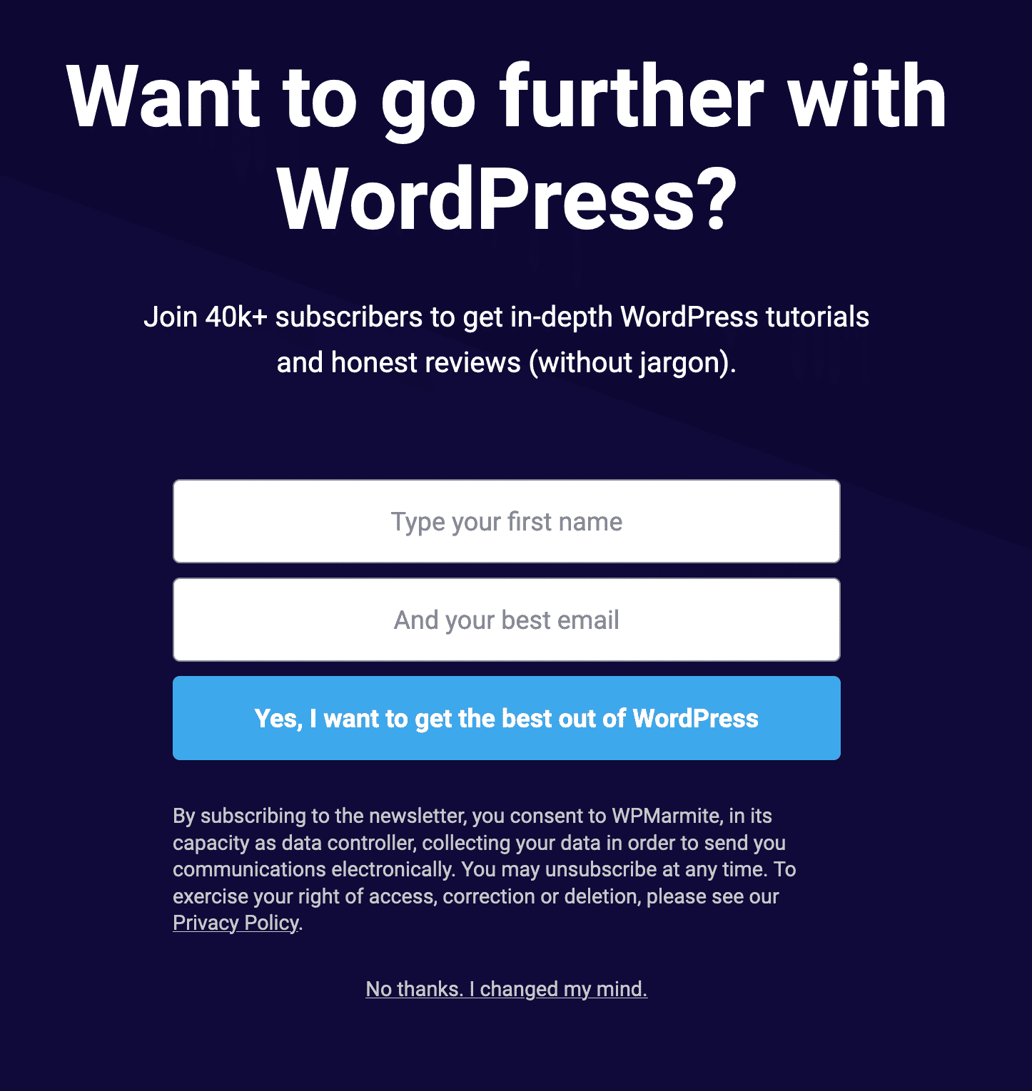 An opt-in form to subscribe to WPMarmite's newsletter.