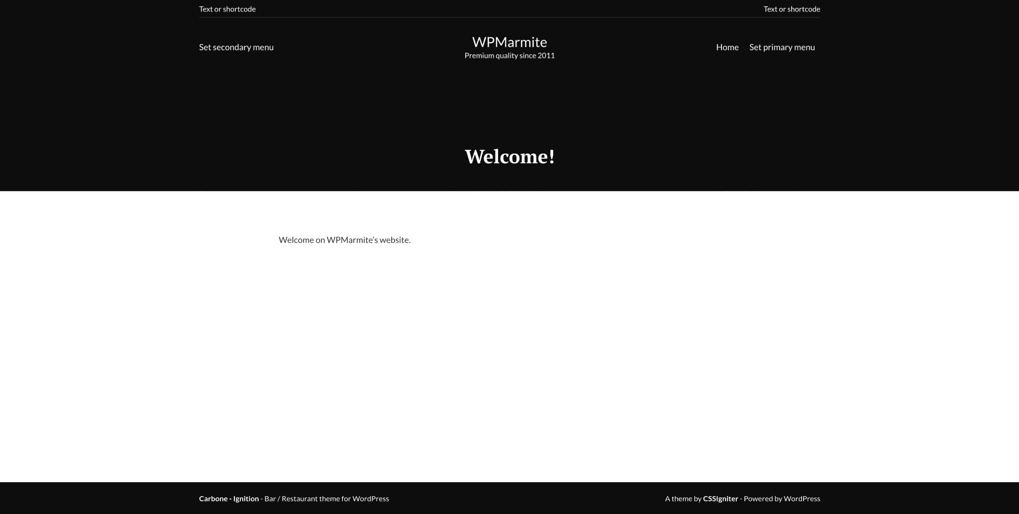 Welcome page of a site made with the Carbone theme without importing the demo.