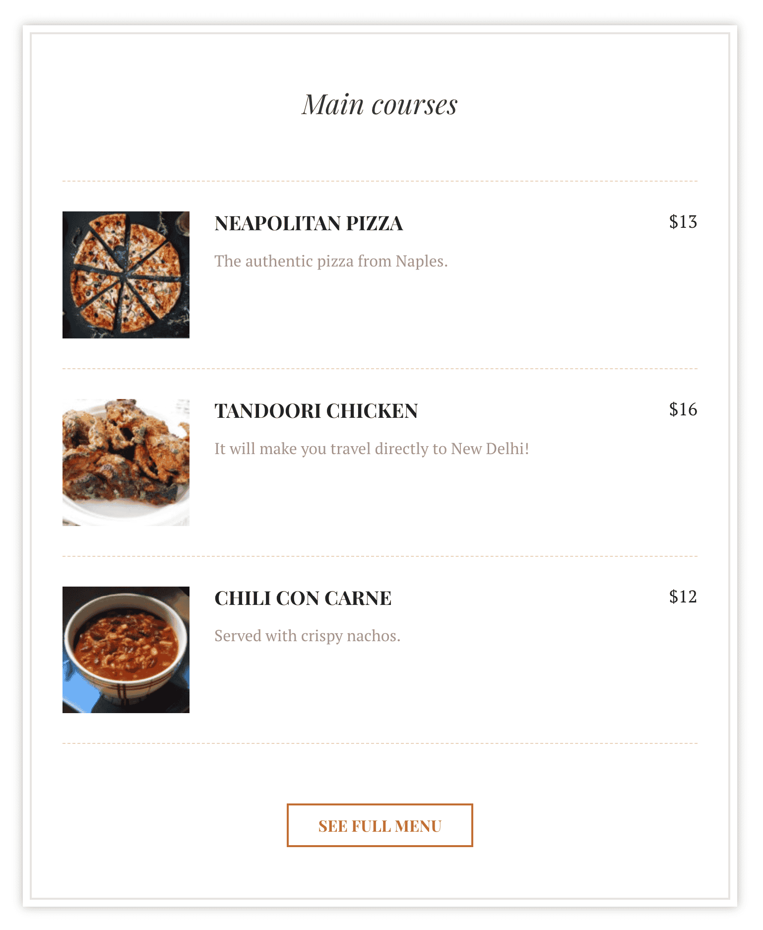 A restaurant menu created with Delicio.