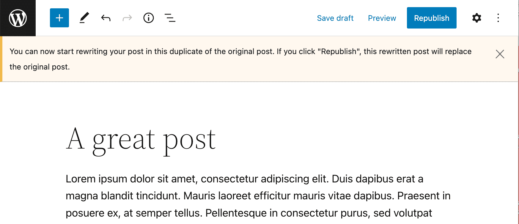With Yoast Duplicate Post, a banner indicates which version of the post you are editing.