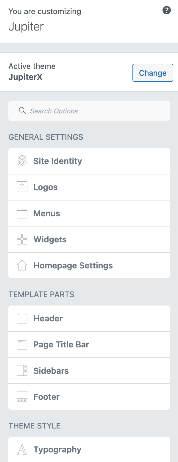 Overview of the settings offered by Jupiter X2 on the WordPress Customization Tool.