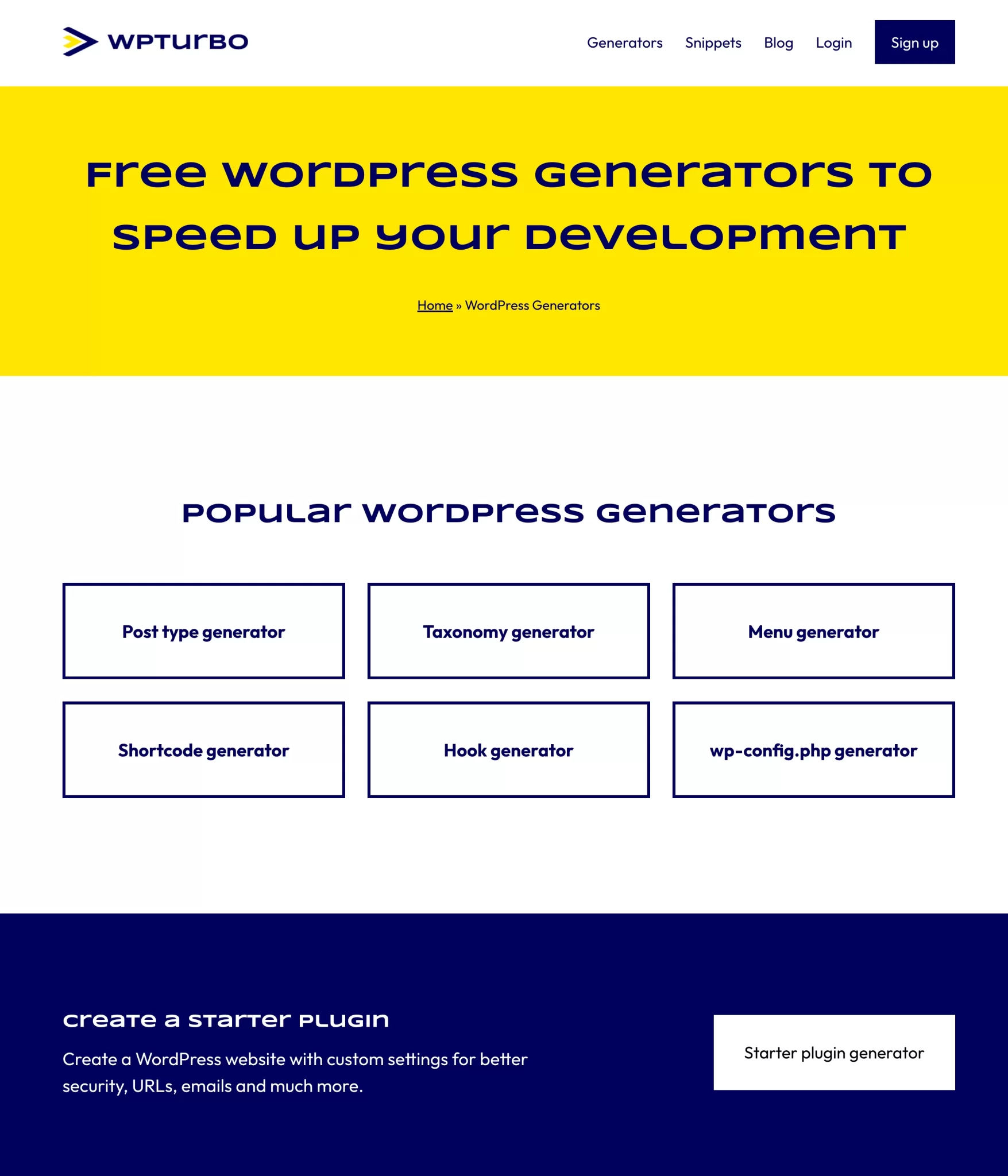 WPTurbo provides WordPress developers with code generators.